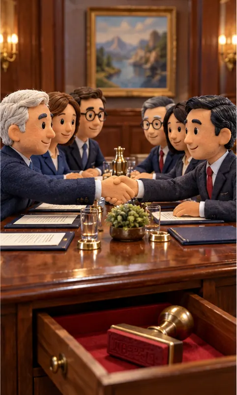 Officials sit down at a negotiating table with trading partners, an unused tariff stamp set aside in a drawer.