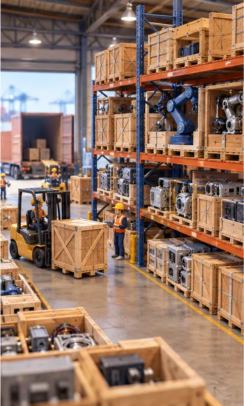 A warehouse where most of the machinery and parts on the shelves have arrived in shipping crates from abroad.