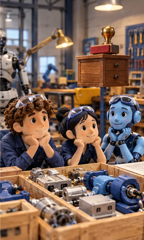 Young humanoid robot builders in a workshop wait on boxes of parts, the tariff stamp hovering in reserve above the table.