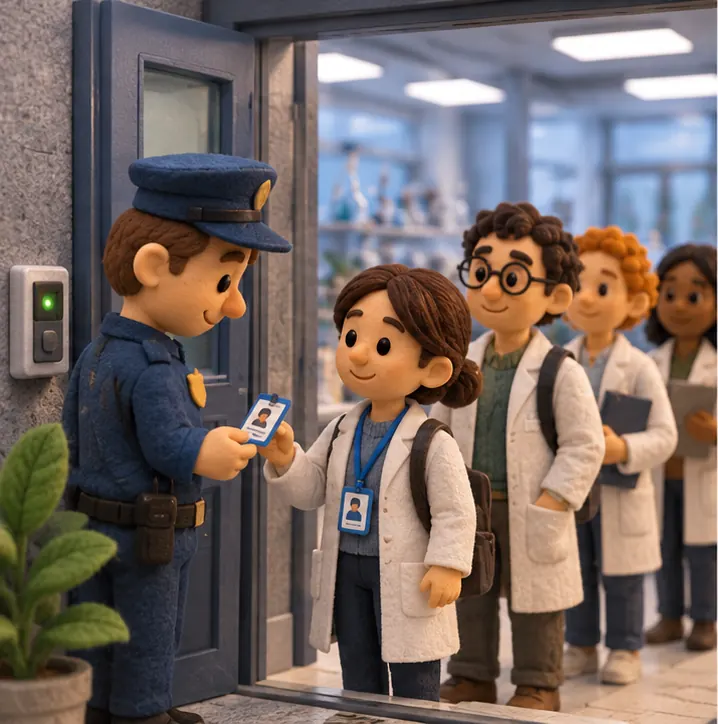 A clay guard at a laboratory door checking a scientist's badge while a short line of researchers in lab coats waits