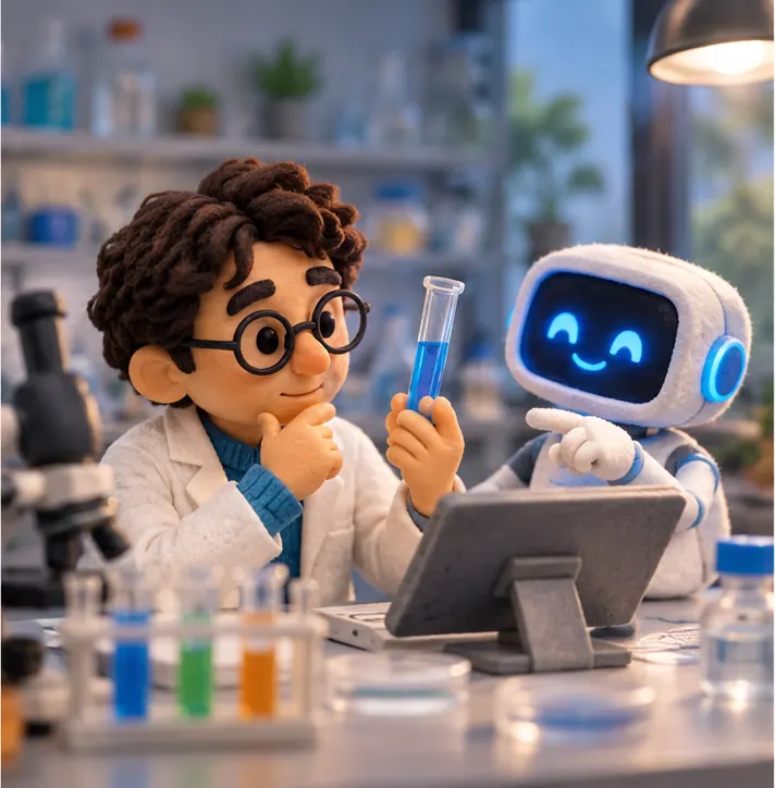 Inside, a clay scientist asking a glowing assistant screen about a test tube, the assistant leaning forward to help rather than raising a hand to refuse