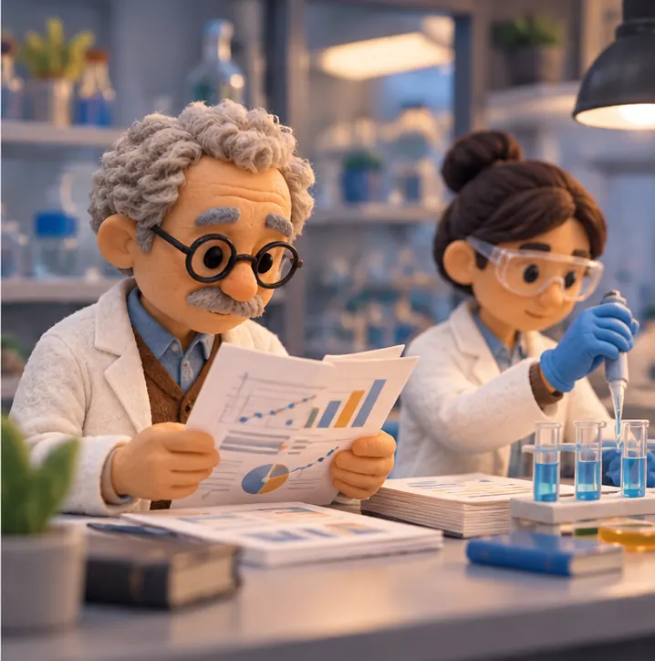 A senior clay scientist carefully reviewing printed results at a lab bench before a colleague begins an experiment
