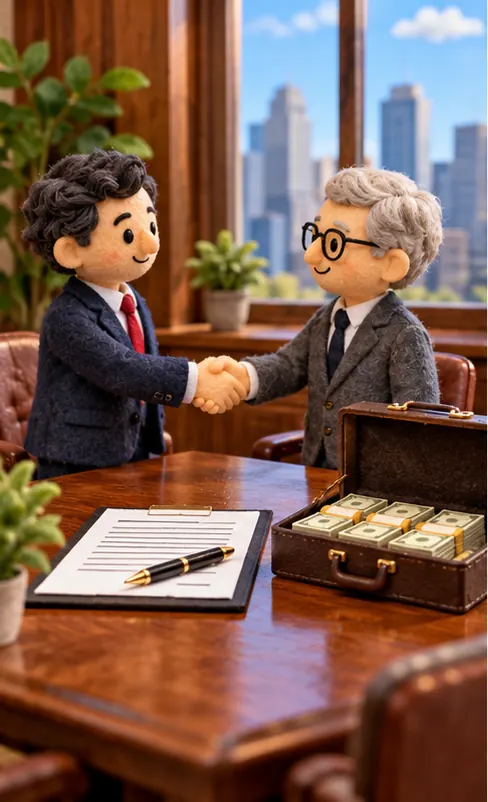 Two executives shake hands over a signed agreement, a briefcase of cash on the table.