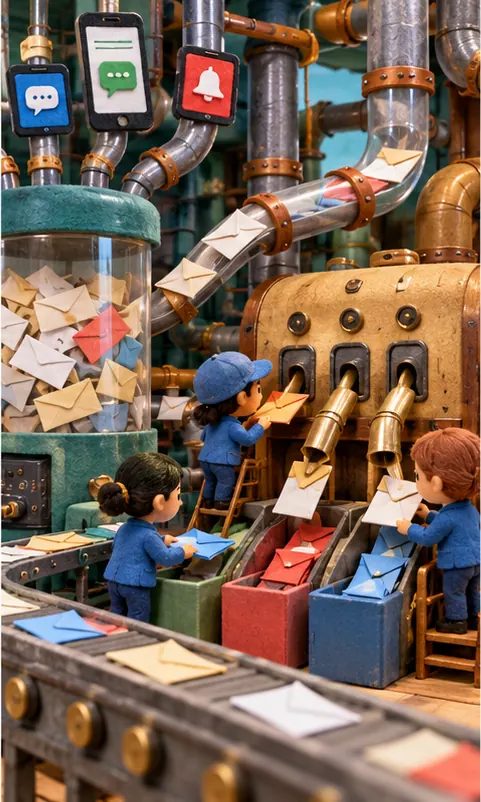 Pipes from a messaging machine full of envelopes and phone notifications are plugged into a bigger machine run by small agent helpers who pick which envelope goes to which customer.