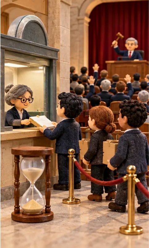 The deal waits in a queue at a regulator's window and a shareholders' meeting, an hourglass beside it.