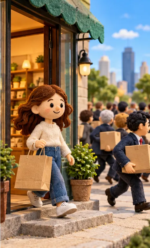 A shopper carries a third plain kraft paper bag out of a store, while outside a crowd of investors hurries away carrying plain cardboard boxes; no symbols or logos on any bag, box or sign.