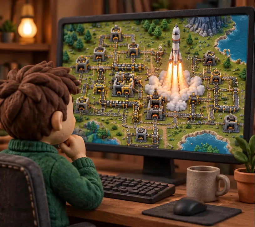 A clay developer watching a monitor where a rocket lifts off from a sprawling automated factory built on a game map, no enemies anywhere