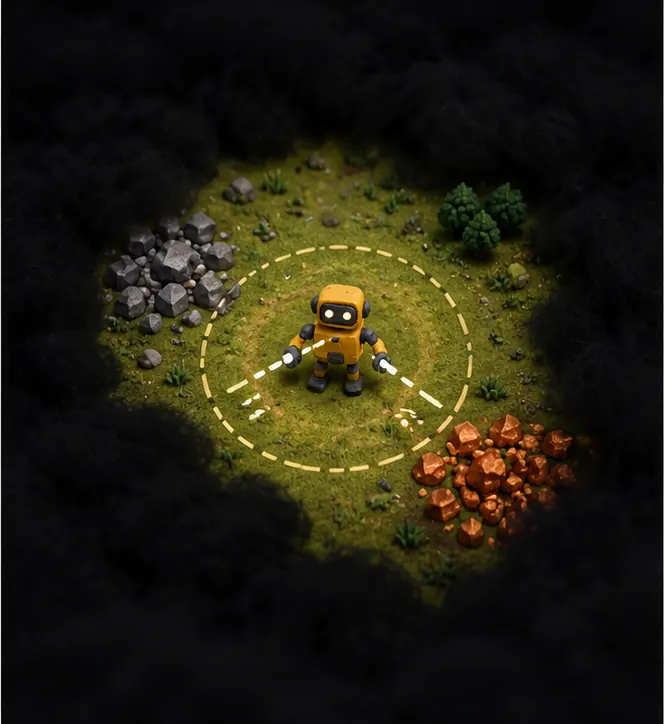 A small robot player in the game seeing only a little lit circle of the map around it, the rest hidden in dark fog, its arms reaching only a short way