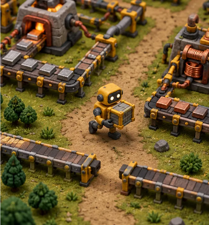 The robot player carrying crates by hand between two parts of the factory, a few conveyor lines left unconnected nearby