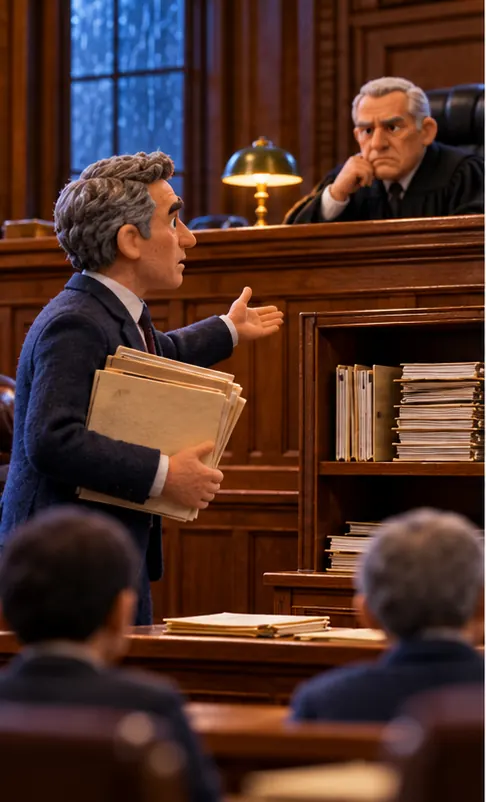 A lawyer stands before a judge in a Massachusetts federal courtroom, asking to put a thick case file on hold by placing it on a shelf behind an earlier case file. Plain wood-panelled walls, no seals, emblems or flags.