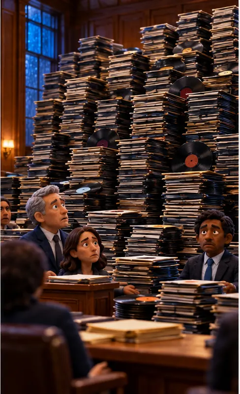 A towering stack of vinyl records fills the courtroom, many thousands of discs. Plain wood-panelled walls, no seals, emblems or flags.