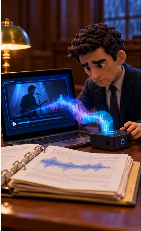 A filing lies open, and beside it a small download tool pulls a stream of sound waves out of a video player screen with no lettering on it. Plain wood-panelled walls, no seals, emblems or flags.