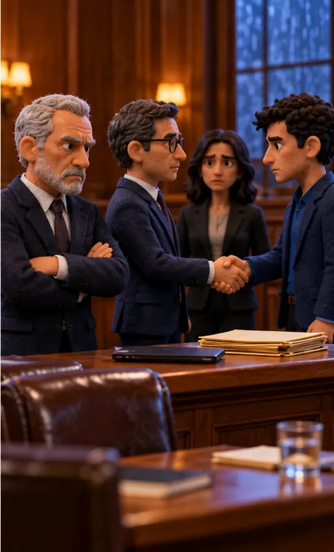 Two record-company figures shake hands with the music startup in the background, while one remaining record-label figure keeps standing firm at the plaintiff's table. Plain wood-panelled walls, no seals, emblems or flags.