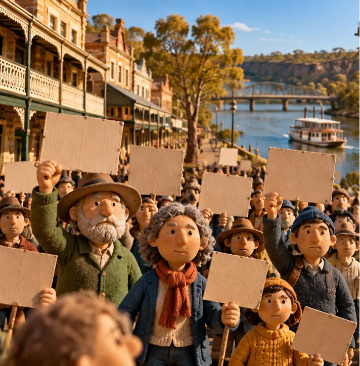 Clay residents holding blank placards rallying in the main street of the river town of Mannum