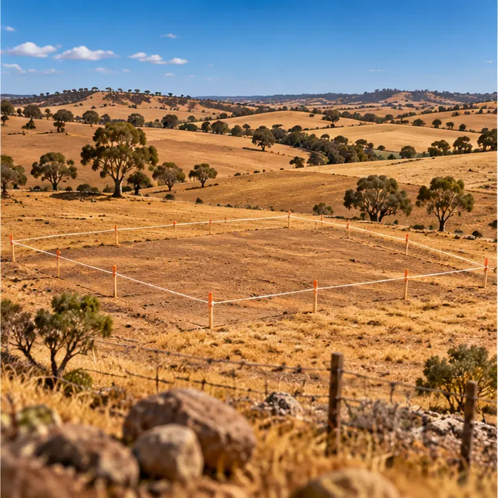 Rolling dry farmland in the hills at Tungkillo, with a large empty site marked out by stakes and string, nothing yet built