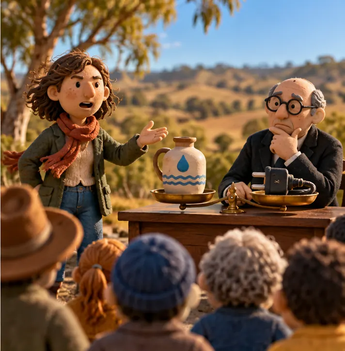 A determined clay organizer speaking to the crowd, while at a desk a clay official weighs a water jug against a power plug on a balance scale