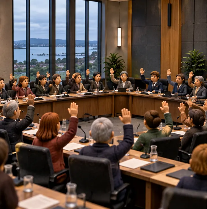 A plain modern conference hall with no emblems or crests, full of clay council representatives at long tables raising their hands together to vote