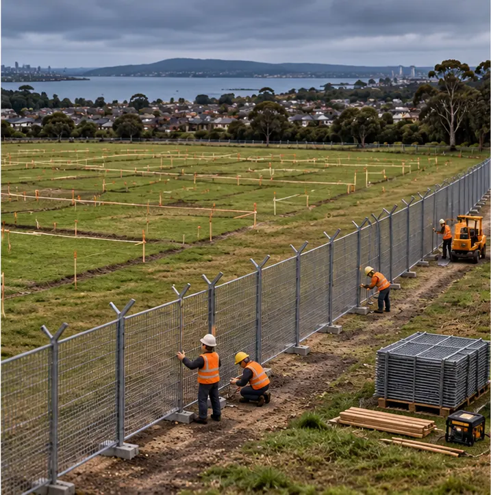 A wide green field on the edge of Geelong, staked out in plots for new homes, with workers putting up a tall security fence across it and nothing built behind the fence