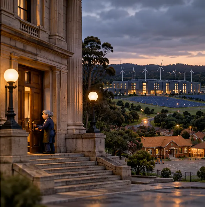 A state government building at dusk with a caretaker quietly closing its doors, and in the distance a data center set well apart from houses and a school, with its own wind turbines and solar panels