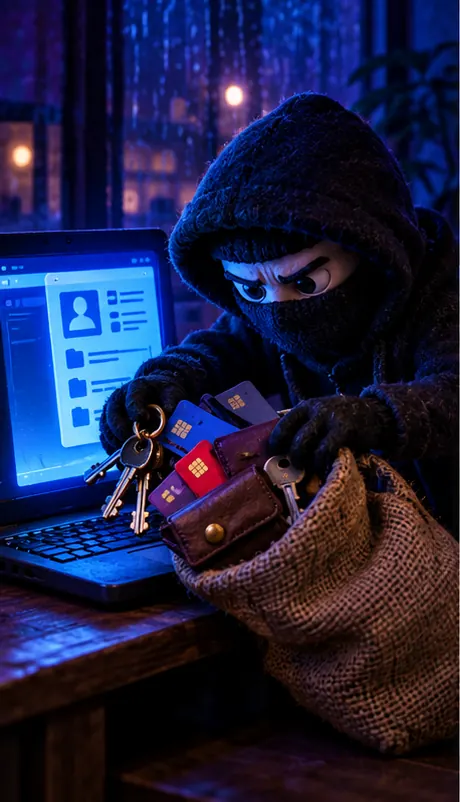 A shadowy clay thief at night scooping keys, bank cards and a coin wallet out of a glowing laptop into a sack