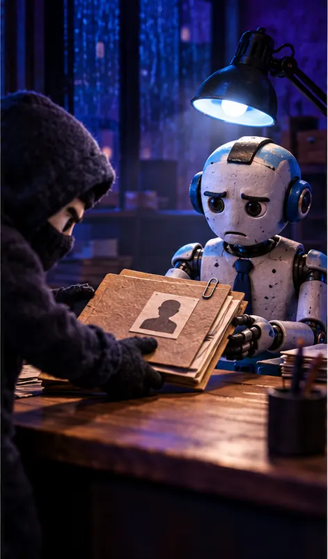 The thief sliding a thick folder about the victim across a desk to a robot analyst sitting under a cold desk lamp