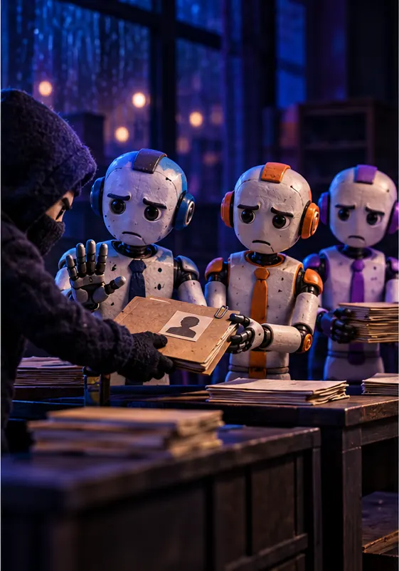 The robot analyst holding up a hand and pushing the folder back, and the thief passing it along to a second robot and then a third waiting in a line