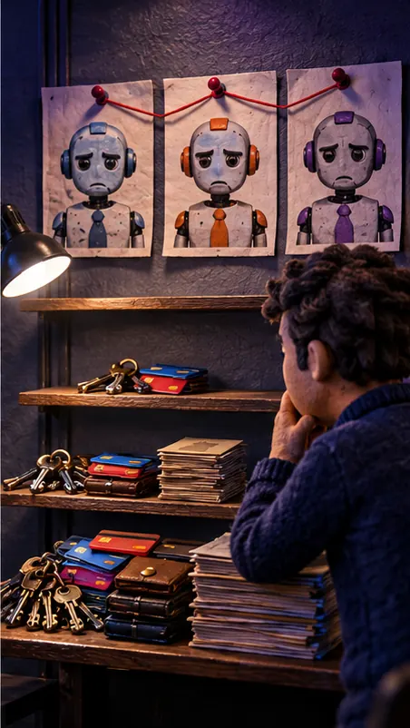 The victim's belongings sorted onto three shelves as small, medium and large piles, while a clay defender studies the line of three robots pinned on a wall