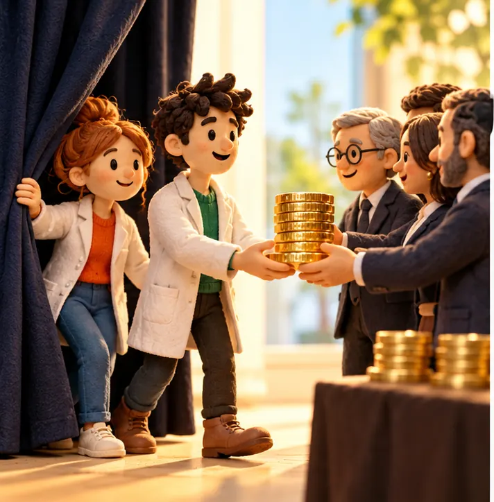 Two founders step out from behind a dark curtain into bright light as investors hand them a large stack of coins.