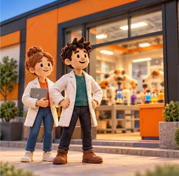 The two founders stand side by side in front of their new lab, one leading, the other holding a laptop.