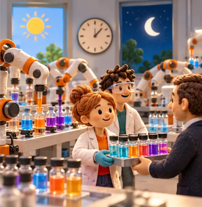 Robot arms in a lab mix colourful compounds in glass vials around the clock, sun and moon both in the windows, and a tray of finished vials handed to a waiting customer.