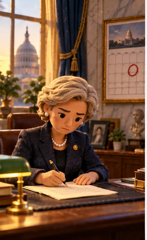A woman senator with short grey-blonde hair, in a dark suit, writes a letter at a desk in a Senate office, a calendar marking a coming date on the wall.