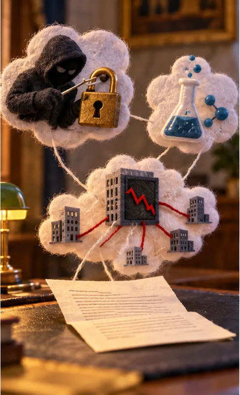 The letter unfolds into a list of worries pictured as small icons drifting above it: a lock being picked, a lab flask, a stock chart tied by strings to other company buildings.