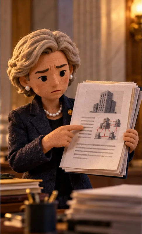 The same woman senator holds up a thick company filing, troubled, pointing to a page in it.
