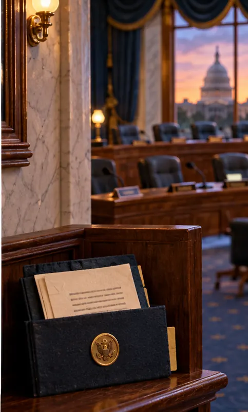 The letter sits in a folder on a shelf in a committee room, waiting, while the room's chairs stand empty ahead of an election.