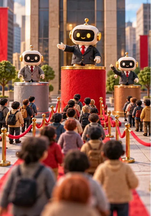 Three office-agent robots stand on podiums of different heights, the tallest crowd of visitors flowing toward the first, smaller crowds to the others.