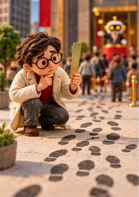 A puzzled researcher holds up a measuring tool with no markings, looking at the crowd of footprints rather than people.