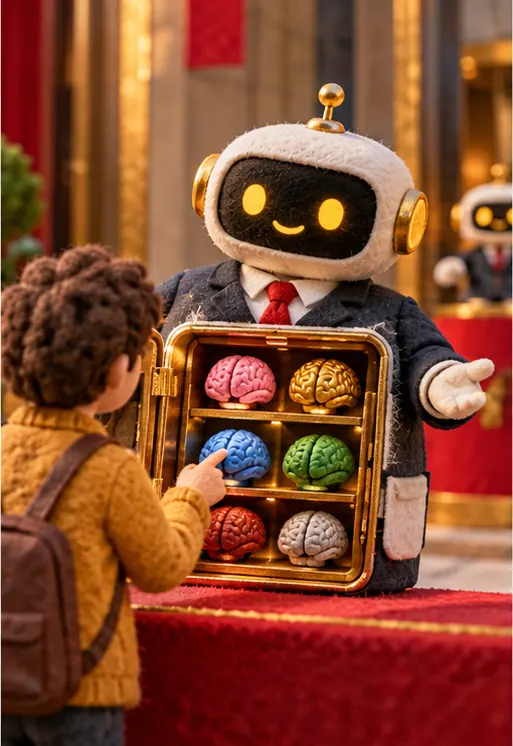 The winning office robot opens its chest to show interchangeable model brains that a customer is choosing between.