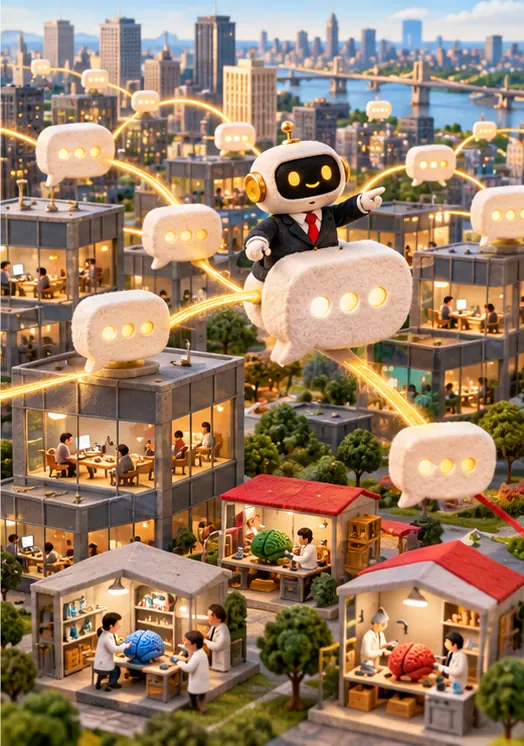 The robot rides along a vast network of workplace chat bubbles and office buildings, while small model-lab workshops sit off to the side.