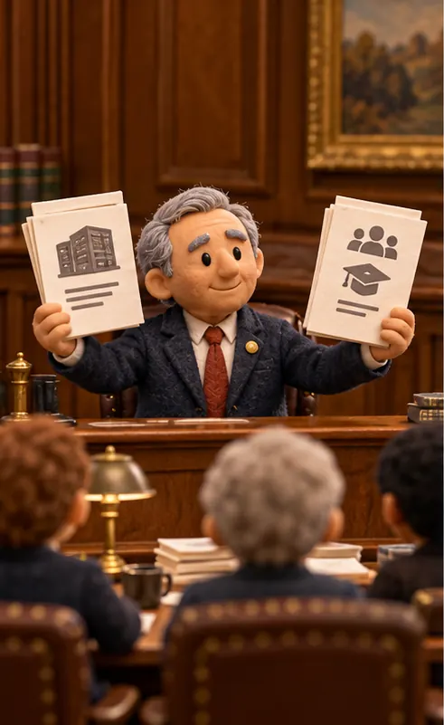 A senator holds up two draft bills, one in each hand, in a committee office. Wood-panelled walls, no flags.