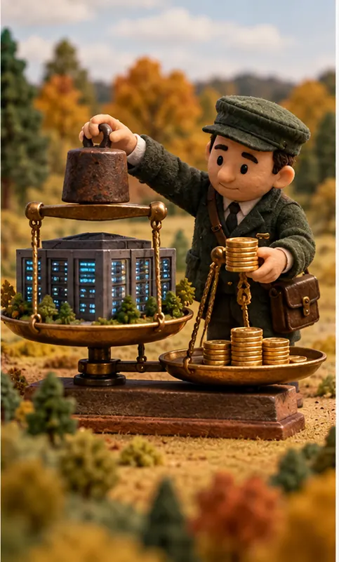 A tax collector places a weight on a data center building's scale, removing coins from its tax-break pile.