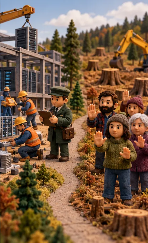 Two paths: builders keep working on a data center with a tax collector beside them, while on the other path a separate group holds up their palms to halt a construction site.